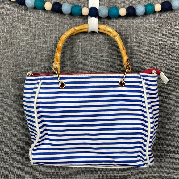 Nautical Handbags - Nautical Navy and White Striped Purse with Bamboo Handles